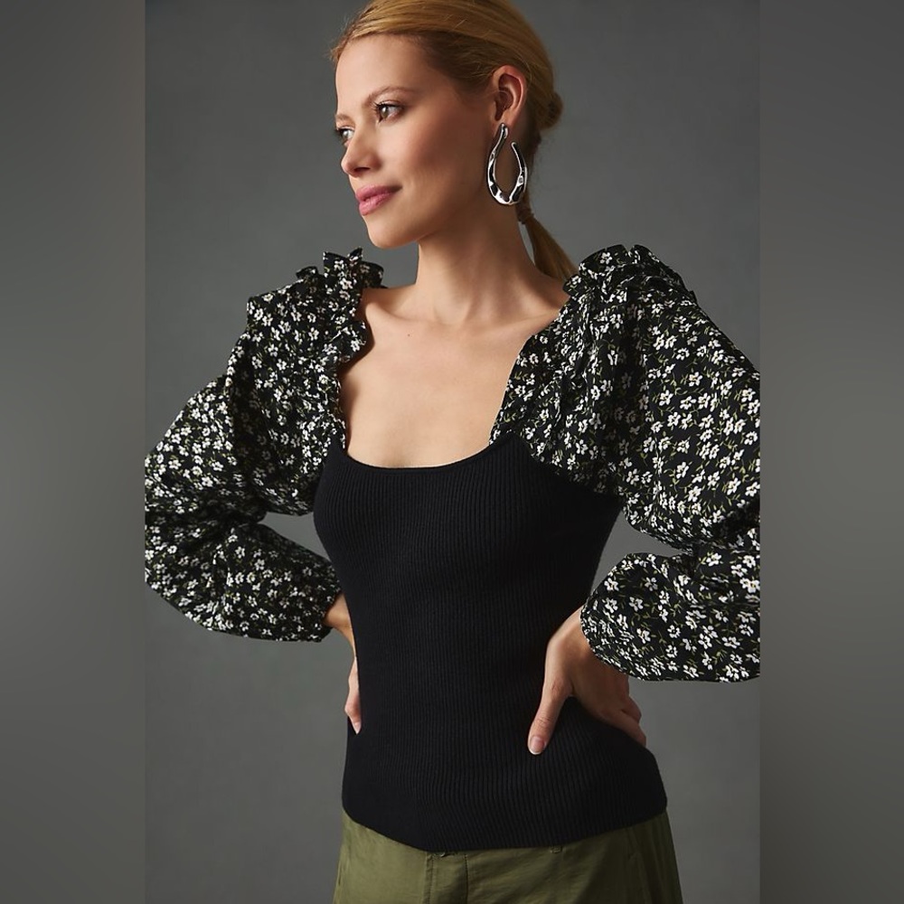 Anthropologie Woven Ruffle-Sleeve Sweater